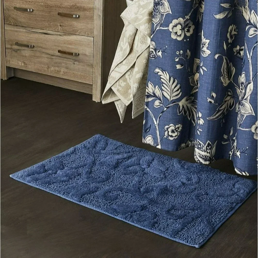 Sonoma Goods For Life Quinn Collection Bath Rug Navy Blue Paisley Inlay Pattern